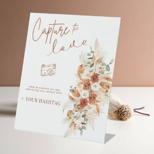 Modern Capture The Love Wedding Qr code Hashtag Pedestal Sign