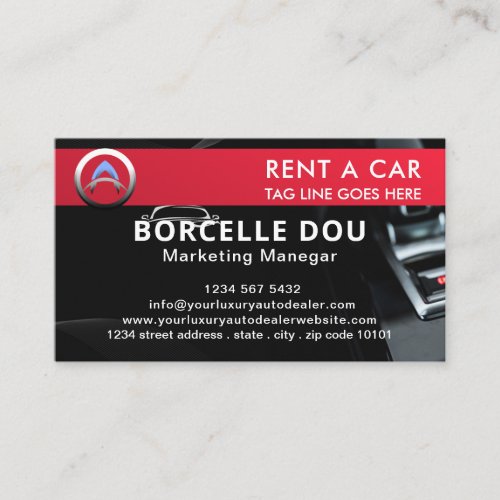 Modern car Rental  Black  Red monogram  Business Card