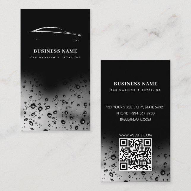 Modern Car Wash Automotive Cleaning QR Code Black Business Card (Front/Back)