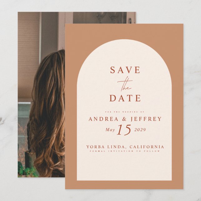 Modern Caramel Arch Photo Wedding Save The Date (Front/Back)