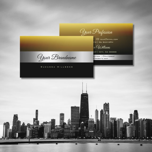 Modern Caramel Black with Shimmery Silver Decor Business Card (Creator Uploaded)