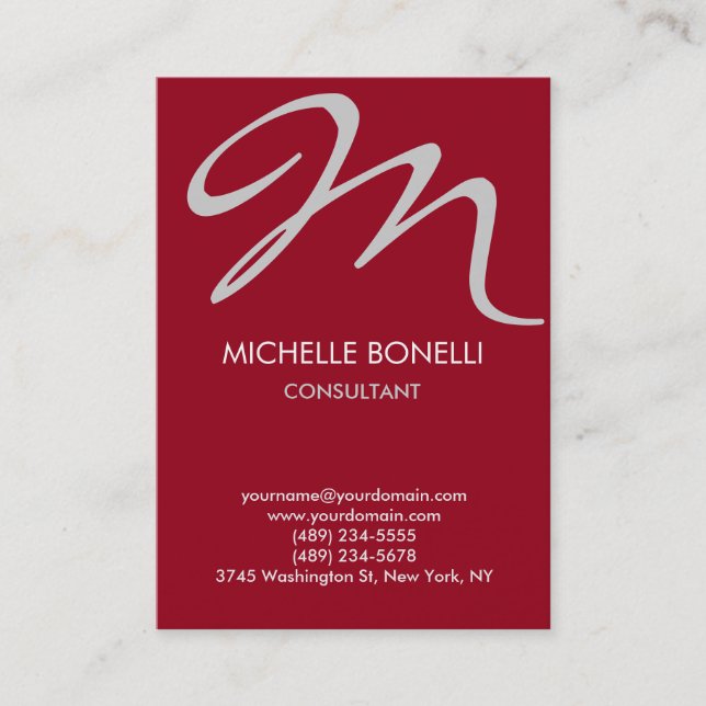 Modern carmine grey script monogram business card (Front)