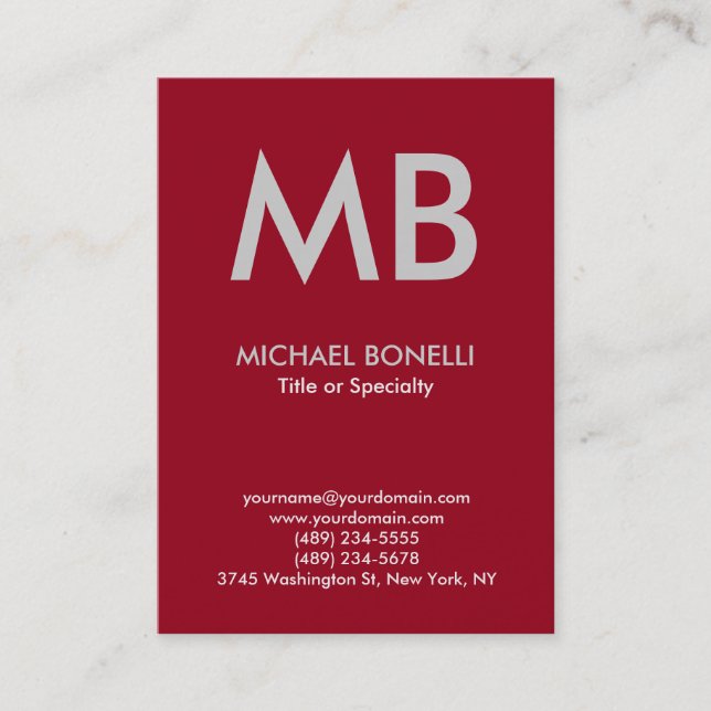 Modern carmine red gray monogram business card (Front)
