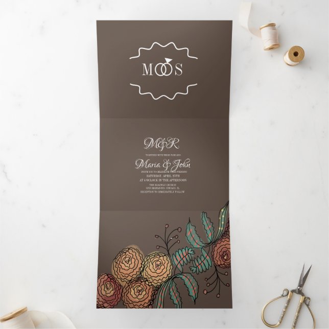 Modern Carnation Florals Botanical Ink Wedding Tri-Fold Invitation (Inside)