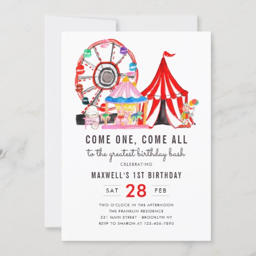 Modern Carnival Circus Festival Show 1st Birthday Invitation