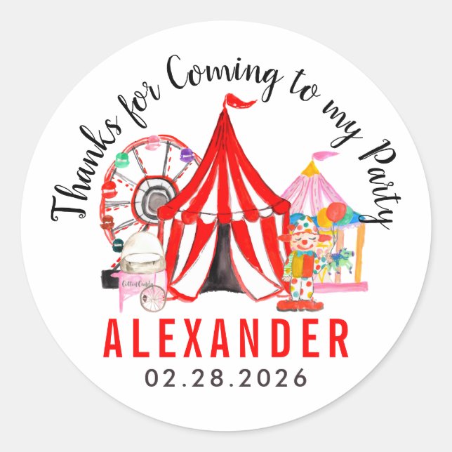 Modern Carnival Circus Show Kid Thank You Birthday Classic Round Sticker (Front)