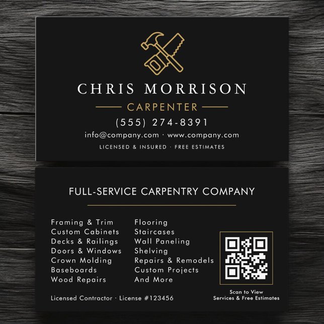 Modern Carpenter Black Gold QR Code Business Card (Creator Uploaded)