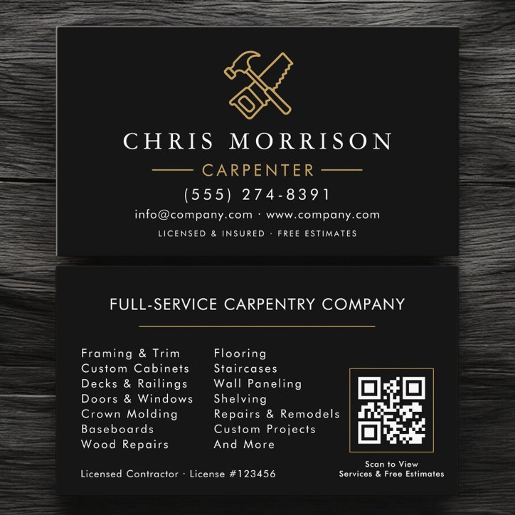 Modern Carpenter Black Gold QR Code Business Card