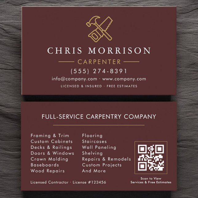 Modern Carpenter Burgundy Gold QR Code Business Card (Creator Uploaded)
