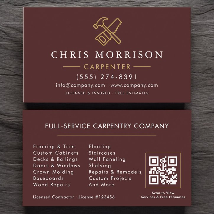 Modern Carpenter Burgundy Gold QR Code Business Card