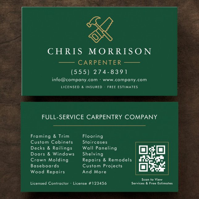 Modern Carpenter Green Gold QR Code Business Card (Creator Uploaded)