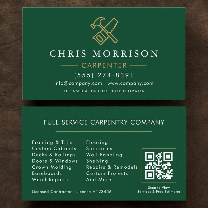 Modern Carpenter Green Gold QR Code Business Card