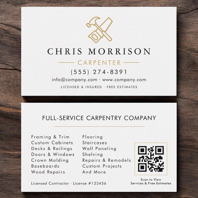 Modern Carpenter White Gold QR Code Business Card (Creator Uploaded)