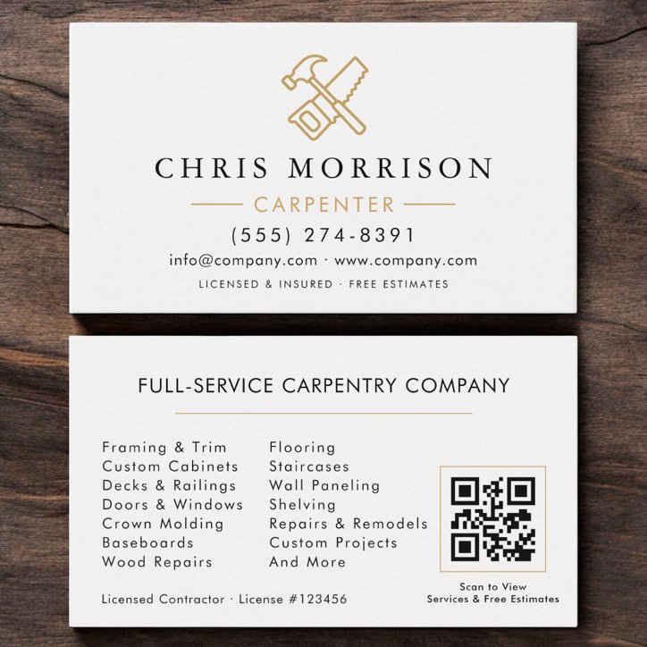 Modern Carpenter White Gold QR Code Business Card