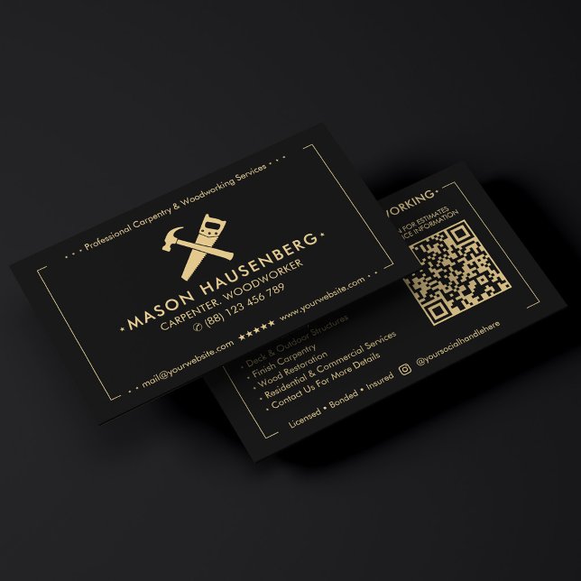 Modern Carpenter Woodworker Deck Builder Black  Business Card (Modern Carpenter Woodworker Deck Builder Black Business Card
)
