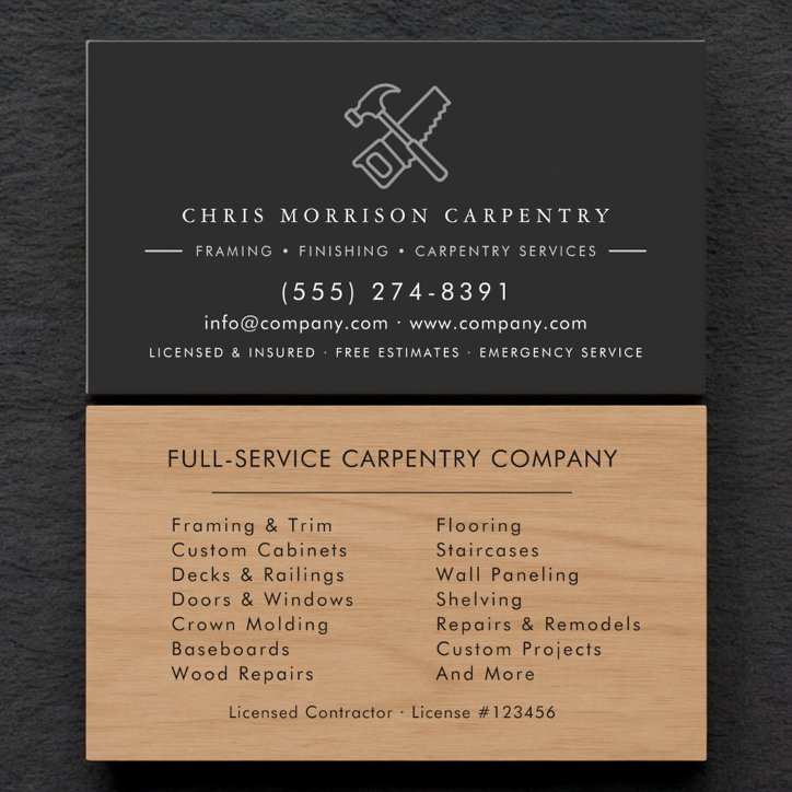 Modern Carpentry Service Wood Hammer Saw Business Card