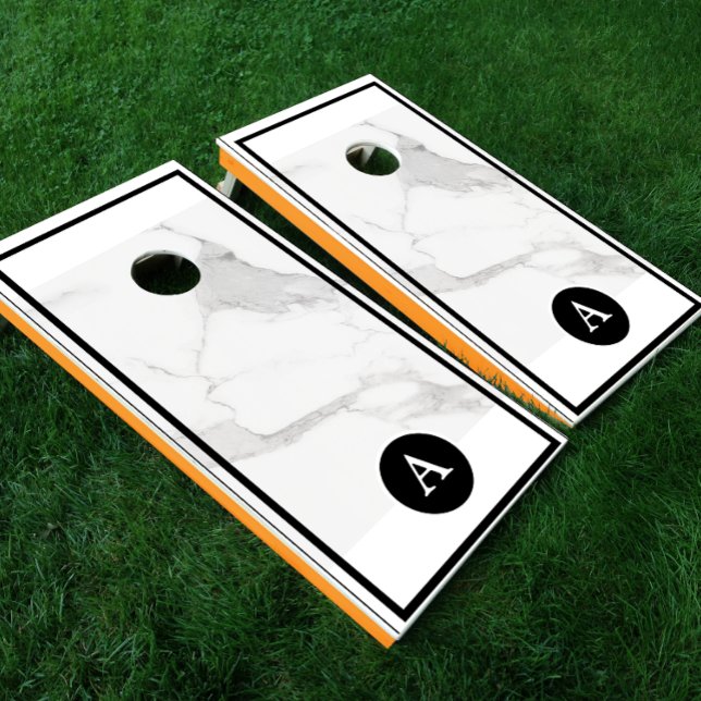 Modern Carrara Marble Look Monogram Cornhole Set (Creator Uploaded)