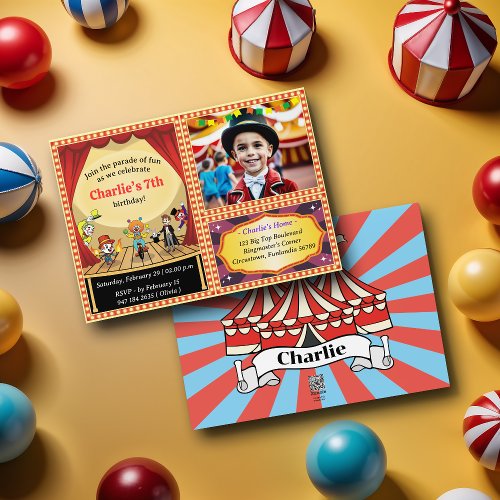 Modern Cartoon Circus Photo Birthday Invitation