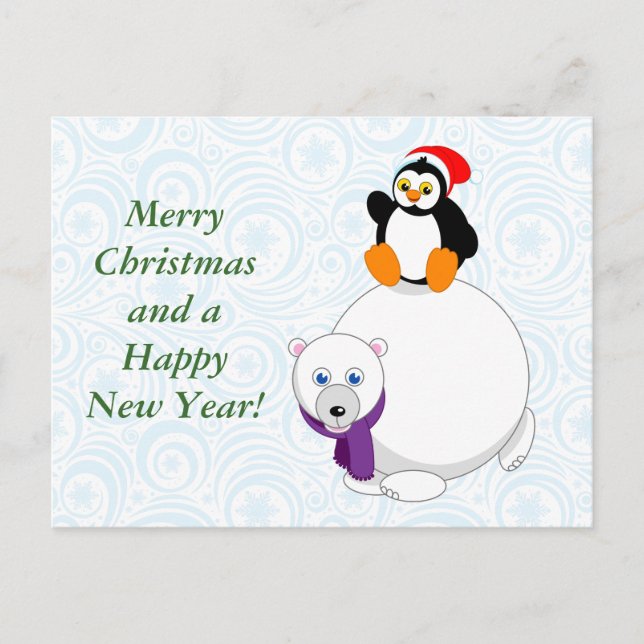 Modern cartoon of a penguin riding a polar bear, holiday postcard (Front)