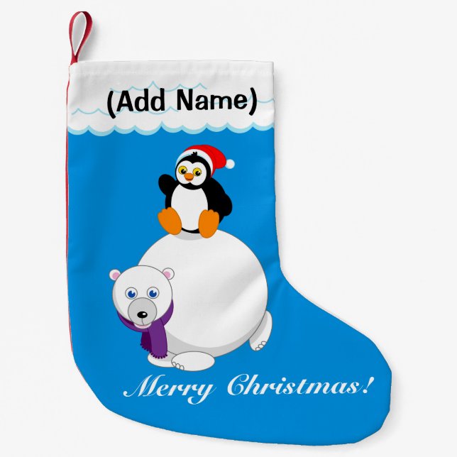 Modern cartoon of a penguin riding a polar bear, small christmas stocking (Front)