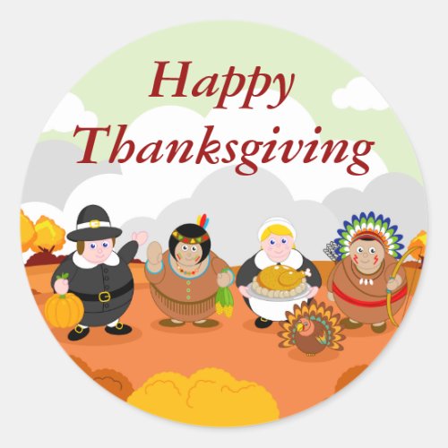 Modern cartoon of the First Thanksgiving 1621 Classic Round Sticker