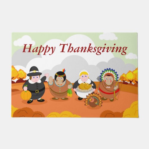 Modern cartoon of the First Thanksgiving 1621 Doormat