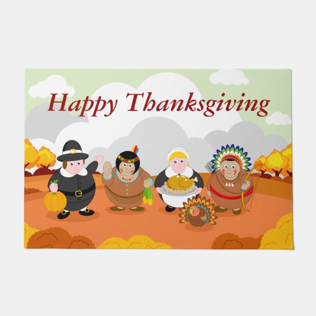 Modern cartoon of the First Thanksgiving 1621, Doormat (Front)