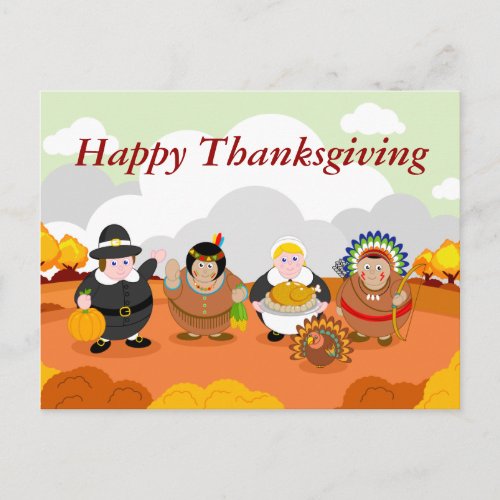 Modern cartoon of the First Thanksgiving 1621 Holiday Postcard