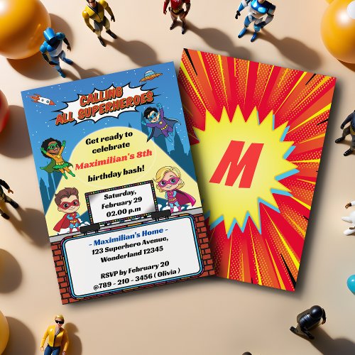 Modern Cartoon Superhero Boys Birthday Party Invitation