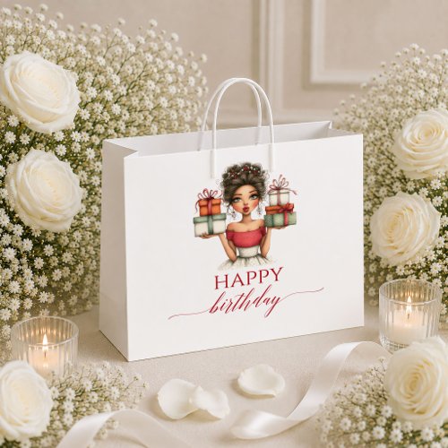 Modern Cartoon Woman Deep Red Script Birthday gift Large Gift Bag