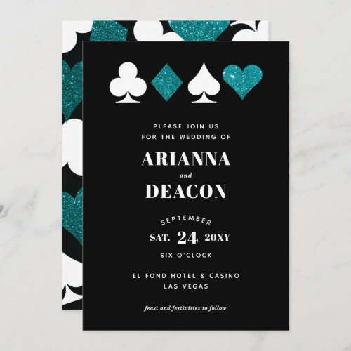 Modern Casino Teal Glitter Wedding Invitation