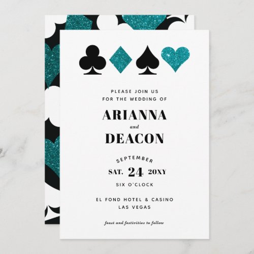 Modern Casino Teal Glitter Wedding Invitation