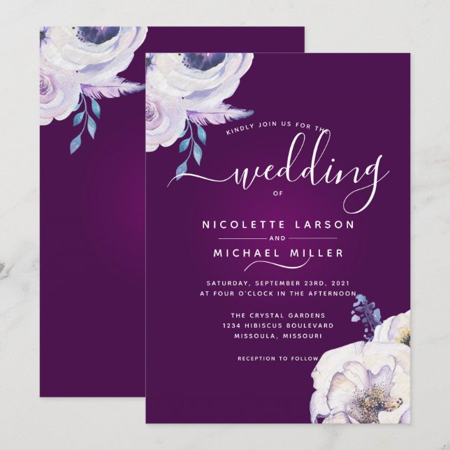 Modern Cassis Color and Lilac Flowers Wedding Invitation (Front/Back)