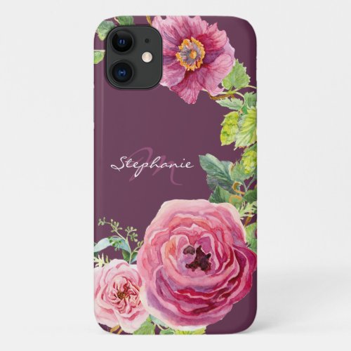 Modern Cassis Pink Peony Rose Floral Watercolor iPhone 11 Case