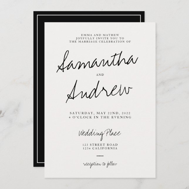 Modern casual black ivory typography wedding invitation (Front/Back)