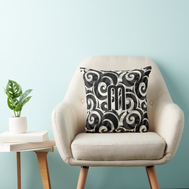 Modern Casual Disco Gray Black Ivory Monogram Throw Pillow (Chair)