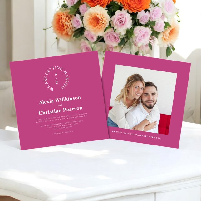 Modern casual monogram pink stylish wedding  invitation (modern vibrant bold pink wedding invitation with photo , fully editable )