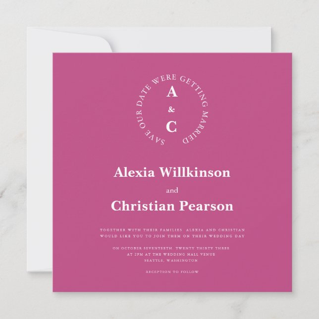 Modern casual monogram pink stylish wedding  invitation (Front)