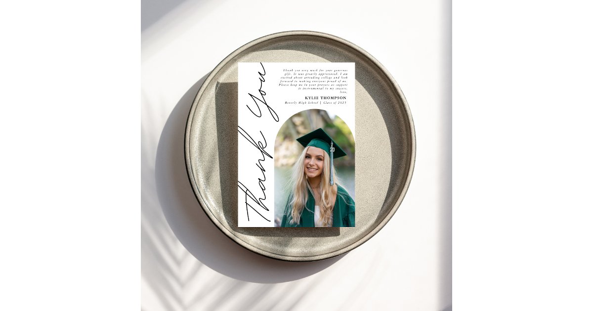 Modern Casual Script Arch Photo Graduation Black Thank You Card | Zazzle
