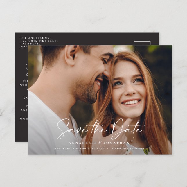 Modern casual script black typography wedding announcement postcard (Front/Back)