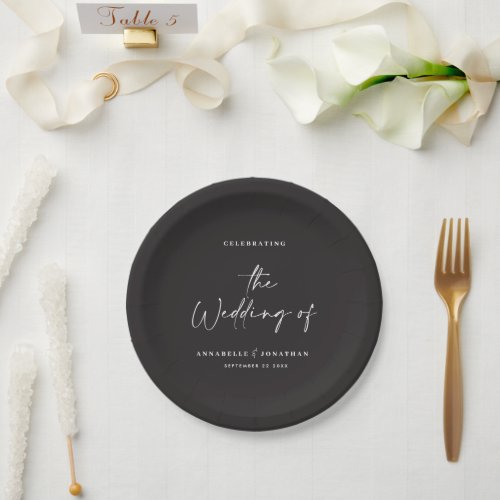 Modern casual script black typography wedding  paper plates