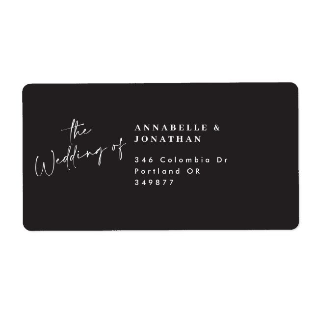 Modern casual script black wedding return address label (Front)