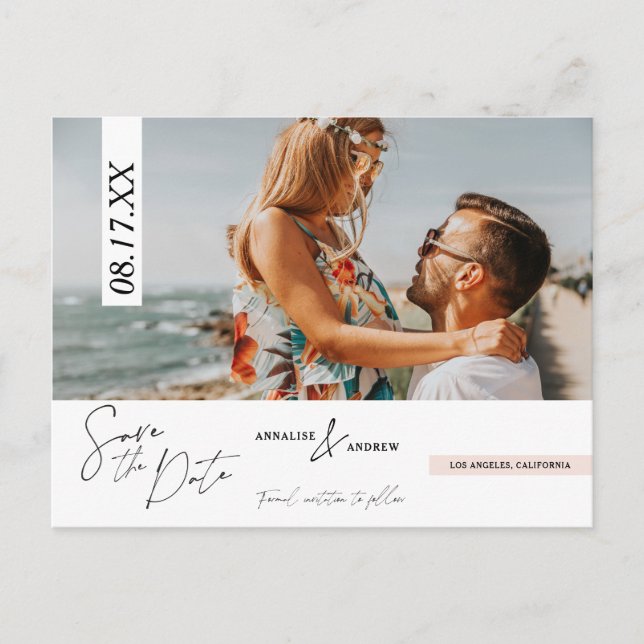Modern casual script blush photo save the date postcard (Front)