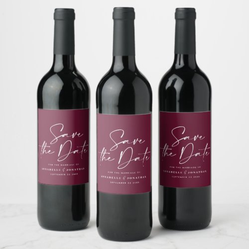 Modern casual script burgundy typography wedding wine label