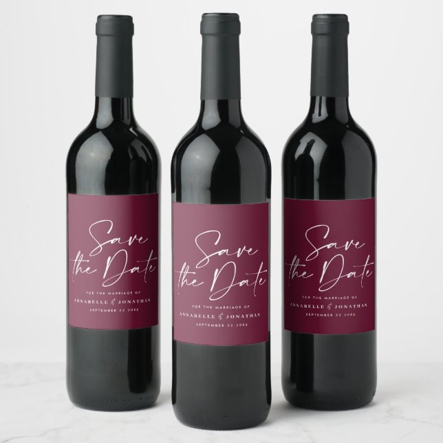 Modern casual script burgundy typography wedding wine label (Bottles)