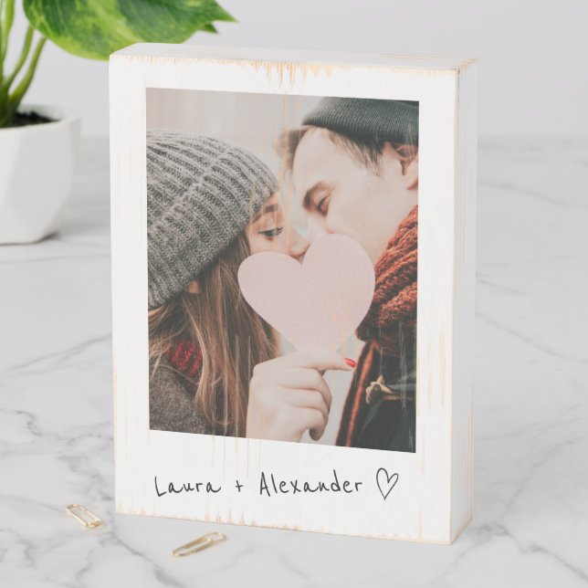 Modern casual script cute heart photo chic wedding wooden box sign (In Situ Vertical)