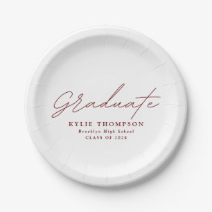 Modern Casual Script Graduation Party Maroon Paper Plates