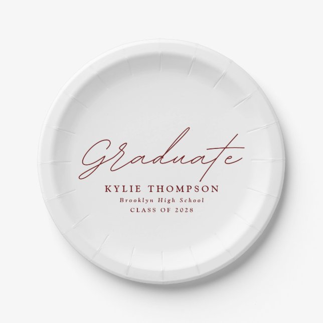 Modern Casual Script Graduation Party | Maroon Paper Plates (Front)