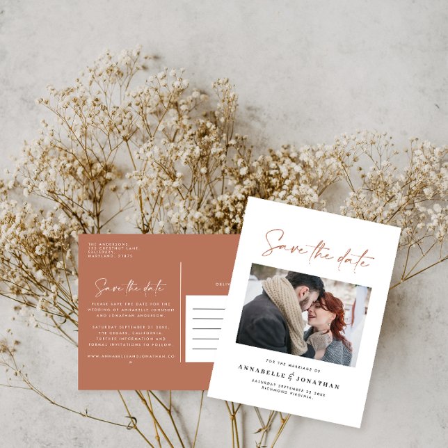Modern casual script terracotta typography wedding announcement postcard (Creator Uploaded)