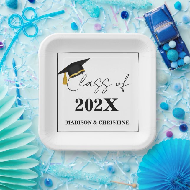 Modern Casual Script Twin Graduation Party  Paper Plates (Party)
